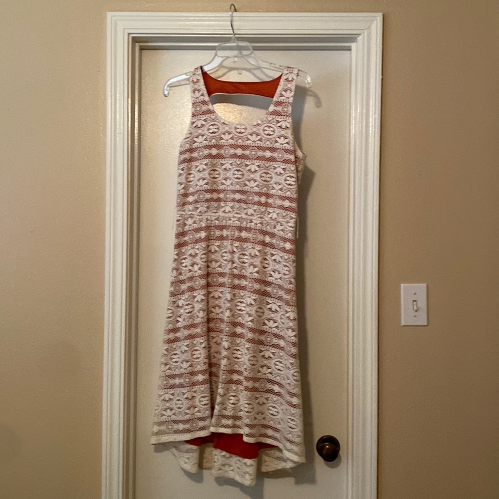 Women’s medium sleeveless dress lace overlay with full rust orange color slip